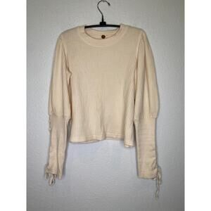 Free People One Ivory Waffle Thermal Tie Sleeve Top Sz Sm Cotton Boho Casual